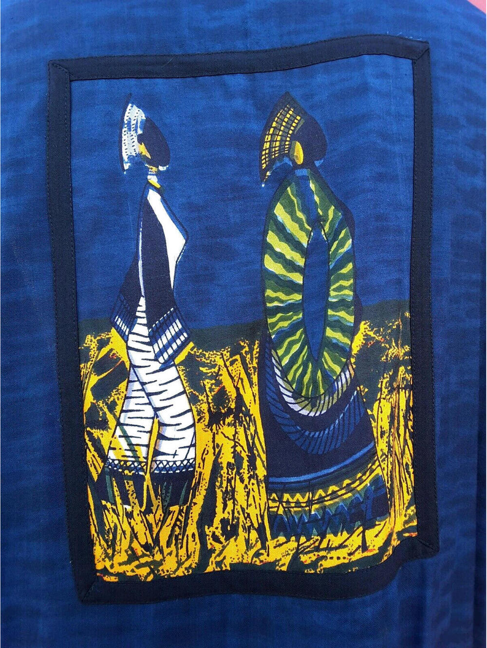 Vintage Funky Vest Men's Large African People Print Blue Rayon Tassels Bias Trim